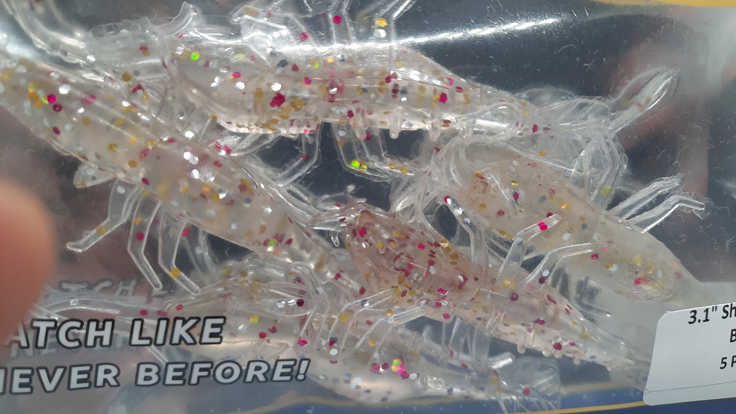 3.1" GLITTER BANG SHRIMP STINGER SOFT PLASTIC - 5 PACK